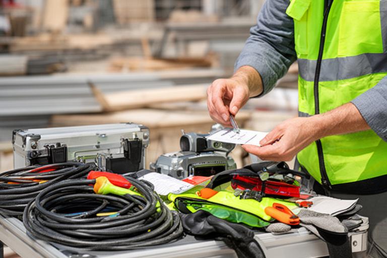 Construction foreman checking electrical and safety supplies on a compact jobsite table
