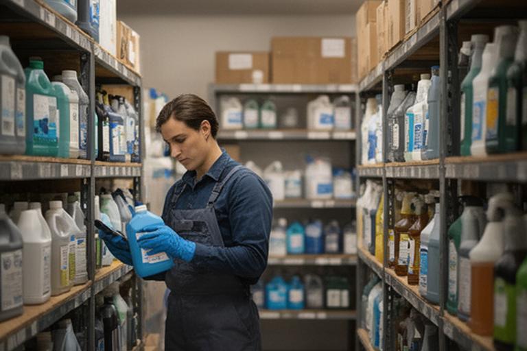 Janitorial operations manager reviewing cleaning supplies in a storage room lined with stock shelves
