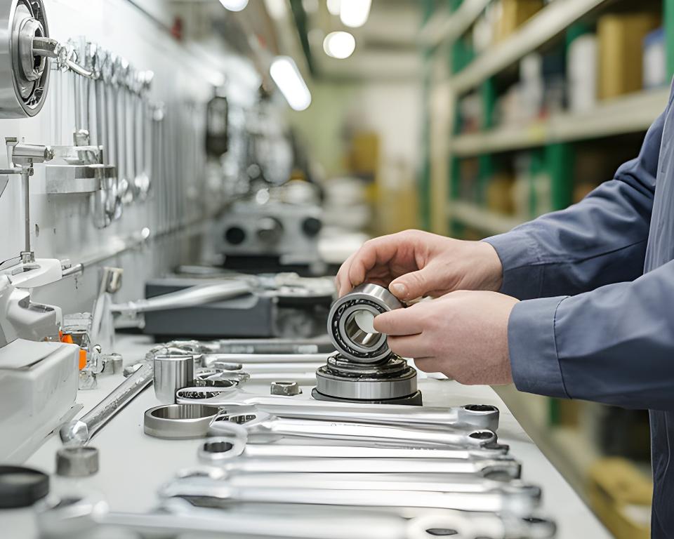 Industrial maintenance technician checking bearings and tools in a bright workshop aisle