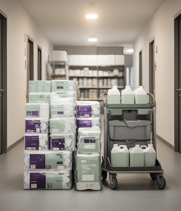 Modern facility corridor with stacked cleaning supplies and a janitorial cart arranged for a professional bulk restock