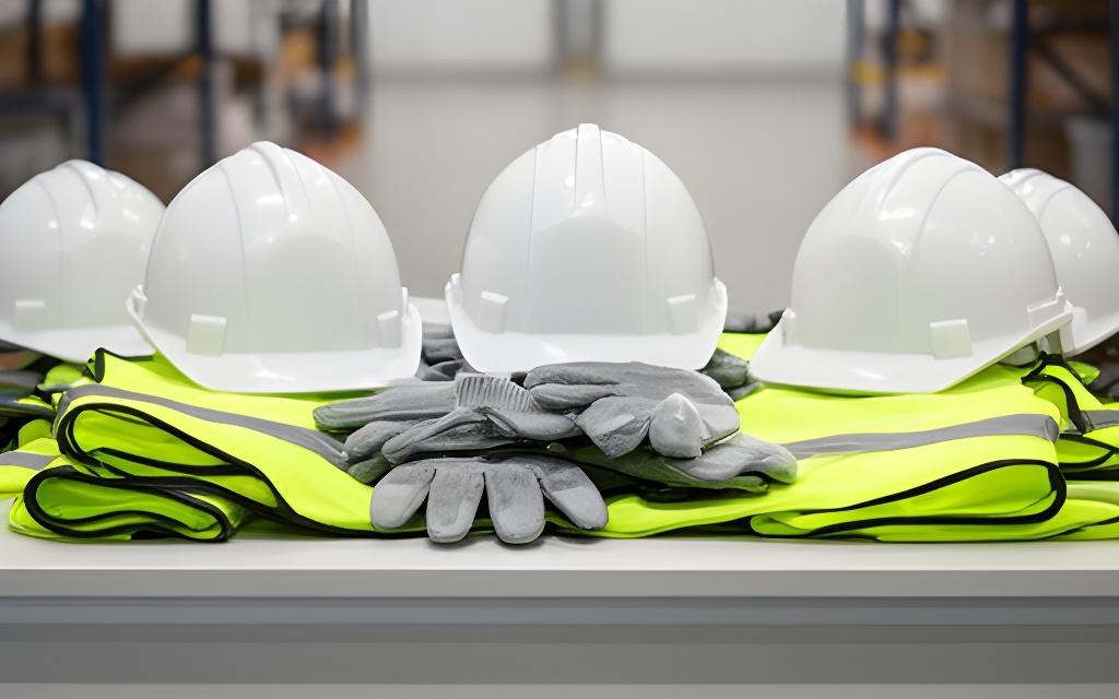 Organised PPE safety kit with hard hats, gloves, and reflective vests on a clean warehouse bench