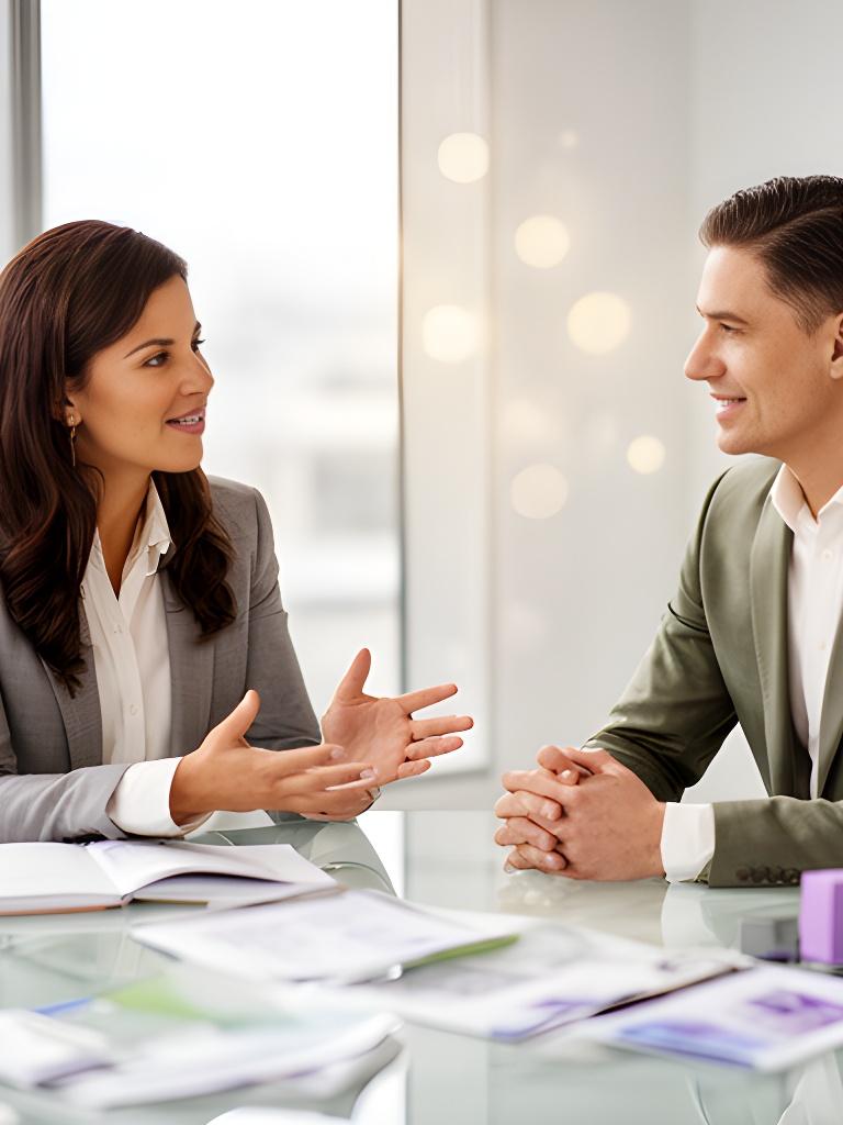 Procurement specialist speaking with a business buyer in a bright Bayport office with product samples on the desk