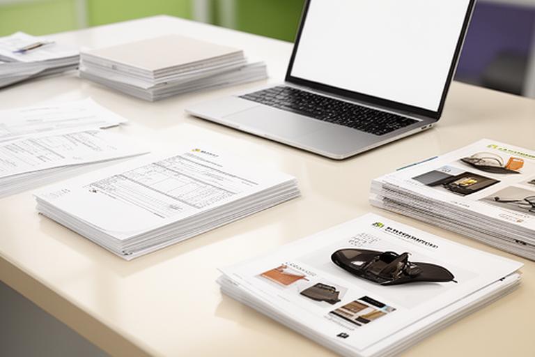 Modern Bayport supply office desk with sample catalog pages, laptop, and neatly arranged business orders