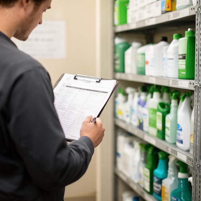 Facility manager reviewing a printed audit checklist beside stocked janitorial shelves in a bright storage room
