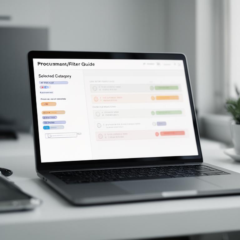Procurement dashboard on a laptop showing category filters, lead times, and selected quote items in a tidy workspace