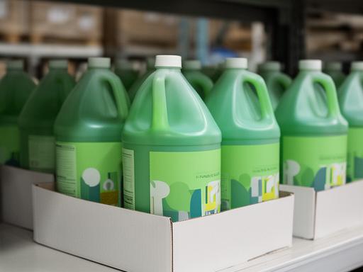 Case of green cleaner gallons arranged on a warehouse shelf for eco-focused cleaning contracts