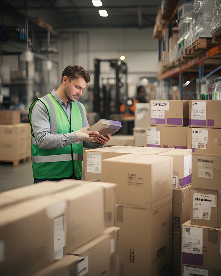 Warehouse procurement specialist reviewing product samples beside stacked cartons and industrial supplies