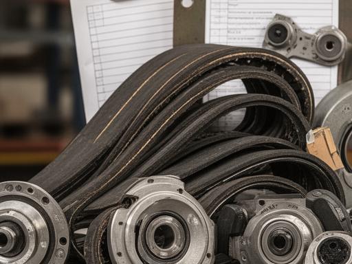 Stacked V-belts and drive components beside a maintenance checklist