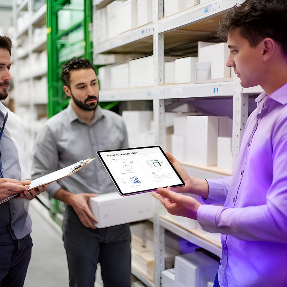 Procurement team comparing industry product bundles on a tablet beside warehouse shelving