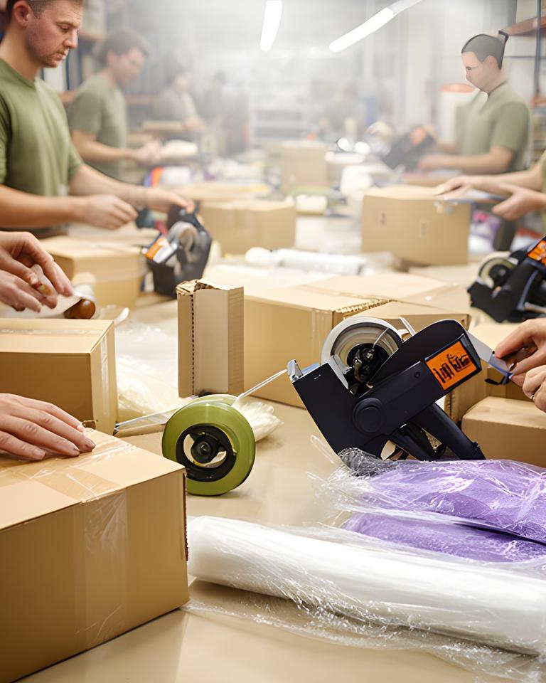 Warehouse team preparing cartons and labels beside a busy packing station with tape guns and stretch wrap