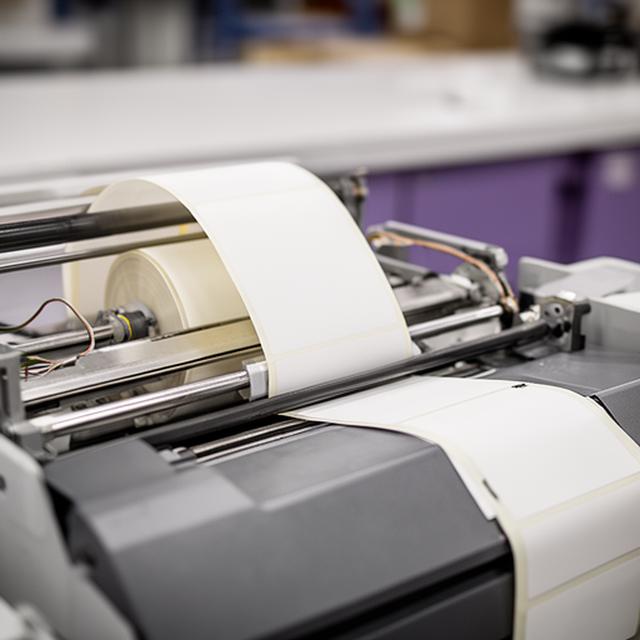 Thermal shipping labels fed into a printer in a compact fulfilment centre workstation