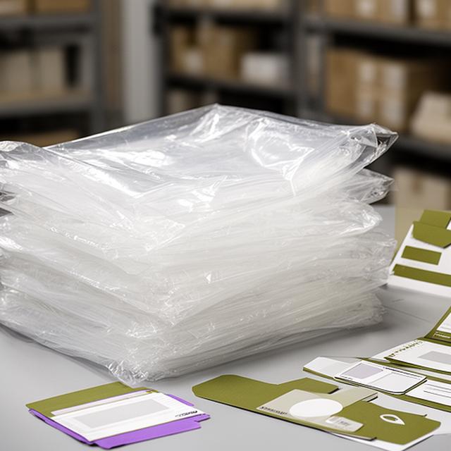 Clear poly bags stacked in a supply room with shipping inserts and barcode labels nearby