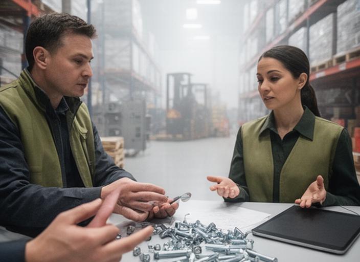 Operations manager reviewing fastener samples with a supplier representative in a modern distribution centre