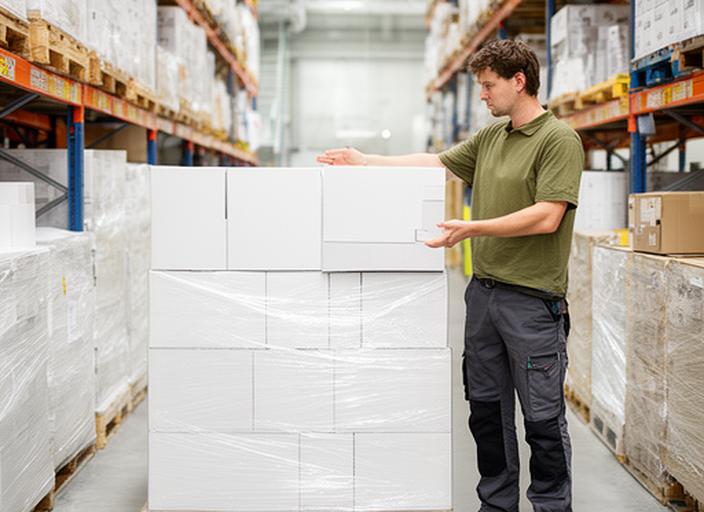 Packaging supervisor comparing carton sizes beside palletised goods in a bright warehouse aisle