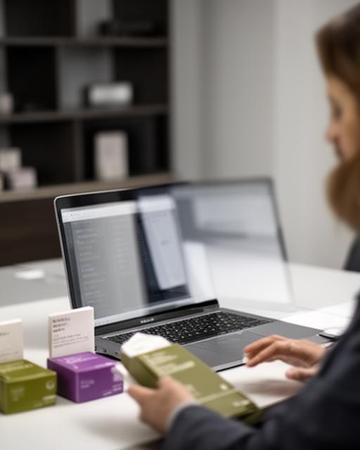 Supplier relationship manager reviewing product samples and a laptop in a meeting room
