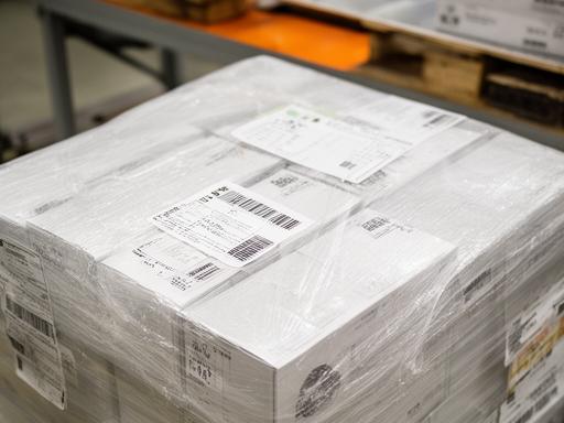 Case of respirator masks stacked near a supply bench with barcode labels and shipping wrap