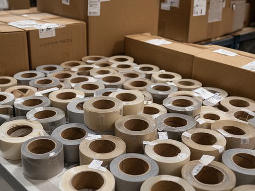 Rows of shipping tape rolls on a packing table with labels and sealed cartons